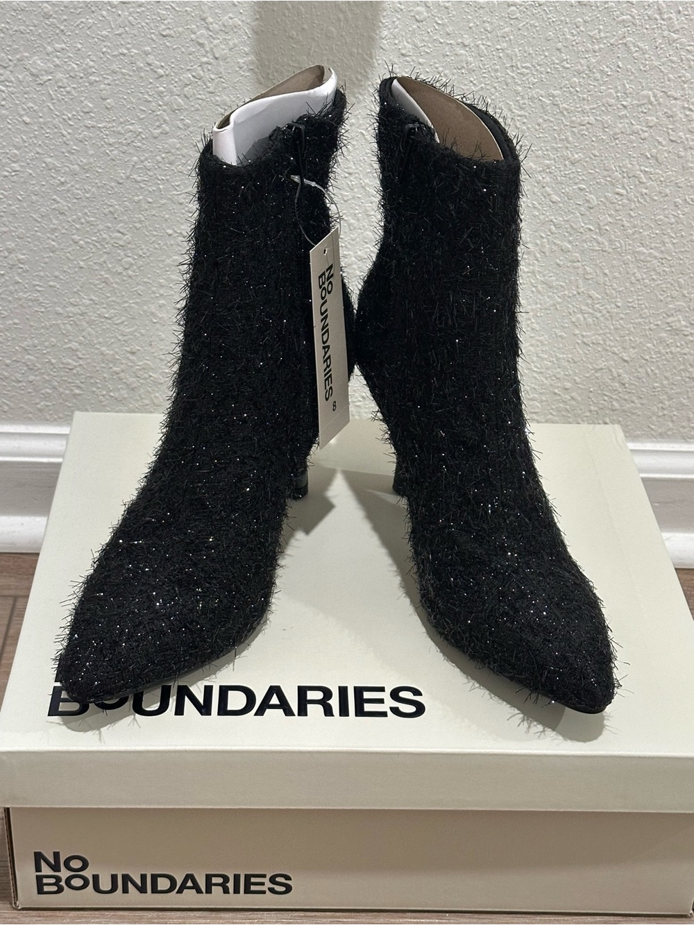 No Boundaries Black Sparkle Fuzzy Pointed Toe Ankle Booties